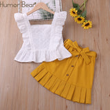 Girls Summer Set Short Sleeve Lace Hollow T-shirt + Solid Skirt 2pcs Casual Kids Clothes 2-6T