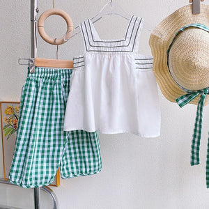 Summer Kid Clothes Girl Set White Sleeveless Top+Plaid Pants 2Pcs Children Clothes Baby Clothes For 2-6Y