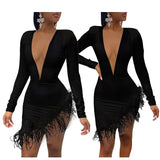 Women Sexy V-neck Dress Feather Stitching Evening Party Nightclub Wear Long Sleeve Spring Fall Lady Bodycon Outfits