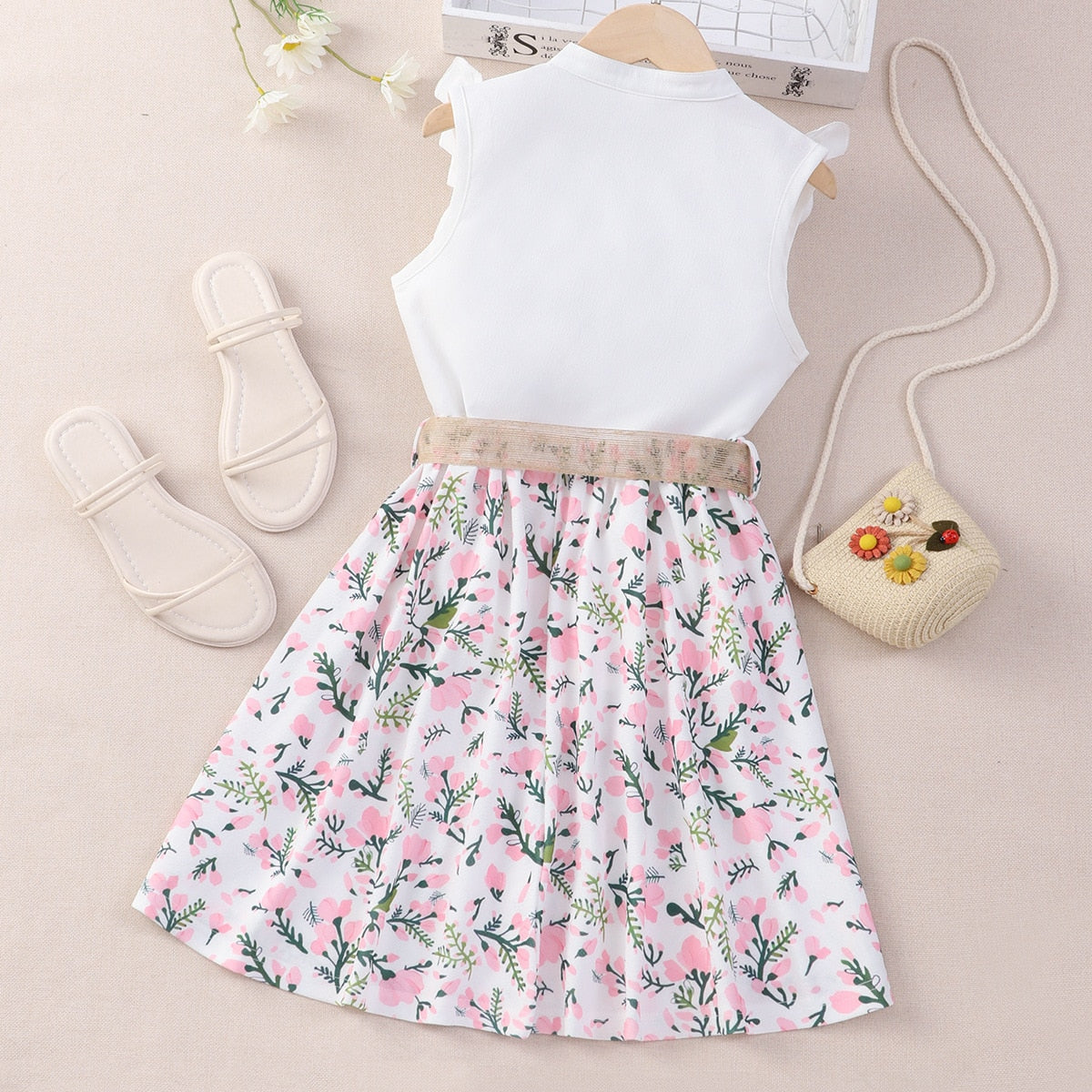 Summer Girl Clothing Sets Embroidered Lace Sleeveless Shirt Top + Floral Skirt 2Pcs Toddler Teenager Outfits