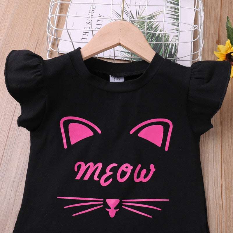 Girls Clothes Set Summer Flying-Sleeve Cartoon Printed T-Shirt + Bow Skirt 2pcs Casual Children Clothes