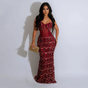 Women Sexy Spaghetti Strap Backless Bodycon Elegant Tassel Sequined Long Dress