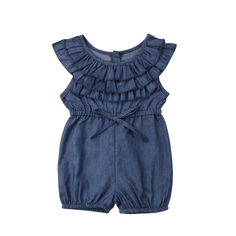 New 0-4Y Newborn Toddler Baby Girls Denim Romper Ruffles Short Sleeve Elastic Waist Blue Jumpsuits Clothes