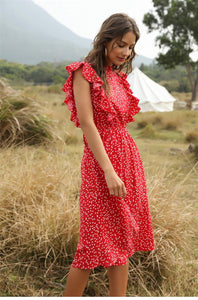 WomanElegant Dot Print Chic Dress Women Butterfly Sleeve Ruffles Medium Long Chiffon Dress