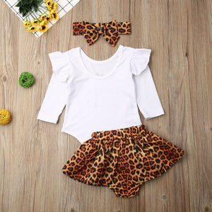 0-24M baby girl 3PCS Newborn Baby Girl Autumn Clothes Set Ruffle Romper Top Patchwork Leopard Skirts Fall Outfits