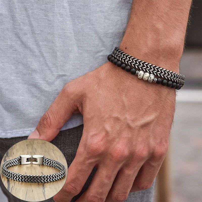 Punk Style Bracelet & Necklace Set For Men - Cuban Stainless Steel