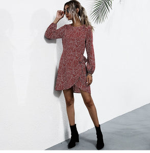 Autumn Winter Asymmetrical Dress Women Casual Full Sleeve Slim Leopard Bandage Print Short Dress 2022 New