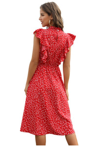 WomanElegant Dot Print Chic Dress Women Butterfly Sleeve Ruffles Medium Long Chiffon Dress