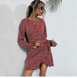 Autumn Winter Asymmetrical Dress Women Casual Full Sleeve Slim Leopard Bandage Print Short Dress 2022 New