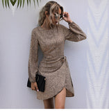 Autumn Winter Asymmetrical Dress Women Casual Full Sleeve Slim Leopard Bandage Print Short Dress 2022 New