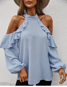 Spring New Sexy Halter Blouses Women Casual Ruffles Shirt Strapless Shirt Ladies All Match Solid Long Sleeve Tops 2022 New