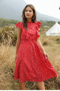 WomanElegant Dot Print Chic Dress Women Butterfly Sleeve Ruffles Medium Long Chiffon Dress