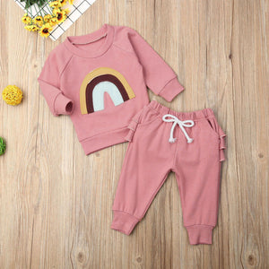 0-3 Years 2PCS Kid Baby Girl Clothes Set Print Rainbow Long Sleeve Cotton Soft Tops+Ruffle Pants Outfit Set