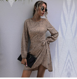 Autumn Winter Asymmetrical Dress Women Casual Full Sleeve Slim Leopard Bandage Print Short Dress 2022 New