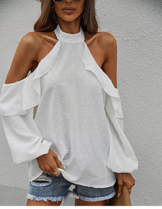 Spring New Sexy Halter Blouses Women Casual Ruffles Shirt Strapless Shirt Ladies All Match Solid Long Sleeve Tops 2022 New