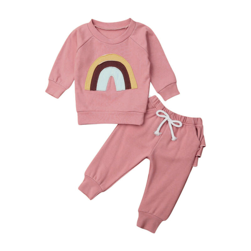 0-3 Years 2PCS Kid Baby Girl Clothes Set Print Rainbow Long Sleeve Cotton Soft Tops+Ruffle Pants Outfit Set