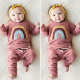 0-3 Years 2PCS Kid Baby Girl Clothes Set Print Rainbow Long Sleeve Cotton Soft Tops+Ruffle Pants Outfit Set