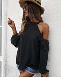 Spring New Sexy Halter Blouses Women Casual Ruffles Shirt Strapless Shirt Ladies All Match Solid Long Sleeve Tops 2022 New