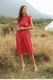 WomanElegant Dot Print Chic Dress Women Butterfly Sleeve Ruffles Medium Long Chiffon Dress