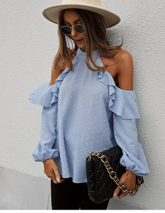 Spring New Sexy Halter Blouses Women Casual Ruffles Shirt Strapless Shirt Ladies All Match Solid Long Sleeve Tops 2022 New