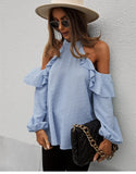 Spring New Sexy Halter Blouses Women Casual Ruffles Shirt Strapless Shirt Ladies All Match Solid Long Sleeve Tops 2022 New