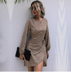 Autumn Winter Asymmetrical Dress Women Casual Full Sleeve Slim Leopard Bandage Print Short Dress 2022 New