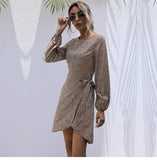 Autumn Winter Asymmetrical Dress Women Casual Full Sleeve Slim Leopard Bandage Print Short Dress 2022 New