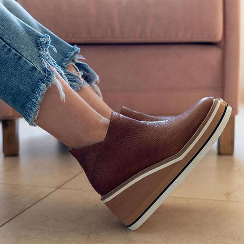 Women Ankle Boots Soild Color Side Zipper, Ladies Casual Boots Wedges Low Top Round Toe