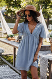 Spring Summer Sexy V Neck Solid Dress Women High Waist Jacquard Short Sleeve Dress Fashion Loose