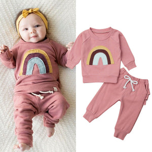 0-3 Years 2PCS Kid Baby Girl Clothes Set Print Rainbow Long Sleeve Cotton Soft Tops+Ruffle Pants Outfit Set