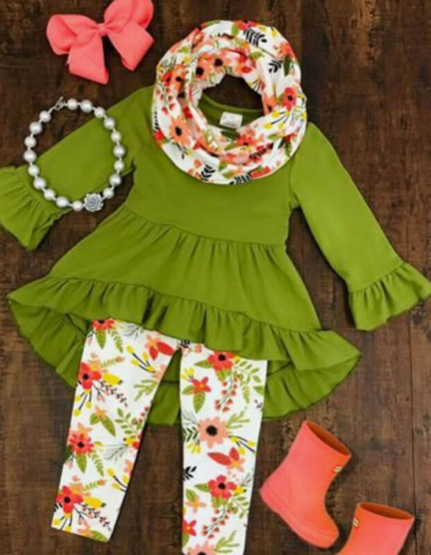 1-5 Years Boutique Kids Baby Girl Floral Clothes Set Petal Sleeve Top T-shirt Dress Legging Pant Outfits UK