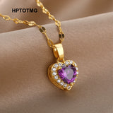 Stainless Steel Purple Crystal Heart Necklaces for Women suitable for wedding gifr, birthday or just for yourself
