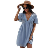 Spring Summer Sexy V Neck Solid Dress Women High Waist Jacquard Short Sleeve Dress Fashion Loose