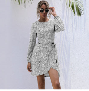 Autumn Winter Asymmetrical Dress Women Casual Full Sleeve Slim Leopard Bandage Print Short Dress 2022 New