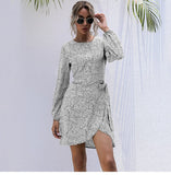 Autumn Winter Asymmetrical Dress Women Casual Full Sleeve Slim Leopard Bandage Print Short Dress 2022 New