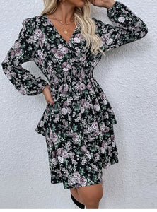 Women #39;s Spring Fall V Neck Long Sleeve Floral A Line Dress For Ladies Fashion Puff Sleeve Printed All Match Waist Dress