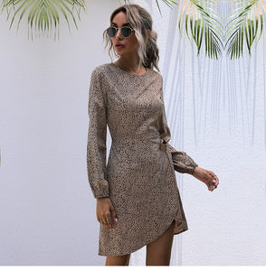 Autumn Winter Asymmetrical Dress Women Casual Full Sleeve Slim Leopard Bandage Print Short Dress 2022 New