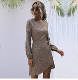 Autumn Winter Asymmetrical Dress Women Casual Full Sleeve Slim Leopard Bandage Print Short Dress 2022 New