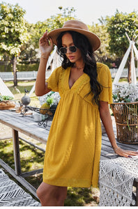 Spring Summer Sexy V Neck Solid Dress Women High Waist Jacquard Short Sleeve Dress Fashion Loose