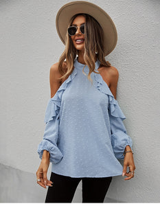 Spring New Sexy Halter Blouses Women Casual Ruffles Shirt Strapless Shirt Ladies All Match Solid Long Sleeve Tops 2022 New