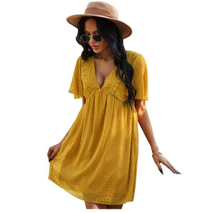 Spring Summer Sexy V Neck Solid Dress Women High Waist Jacquard Short Sleeve Dress Fashion Loose