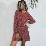 Autumn Winter Asymmetrical Dress Women Casual Full Sleeve Slim Leopard Bandage Print Short Dress 2022 New