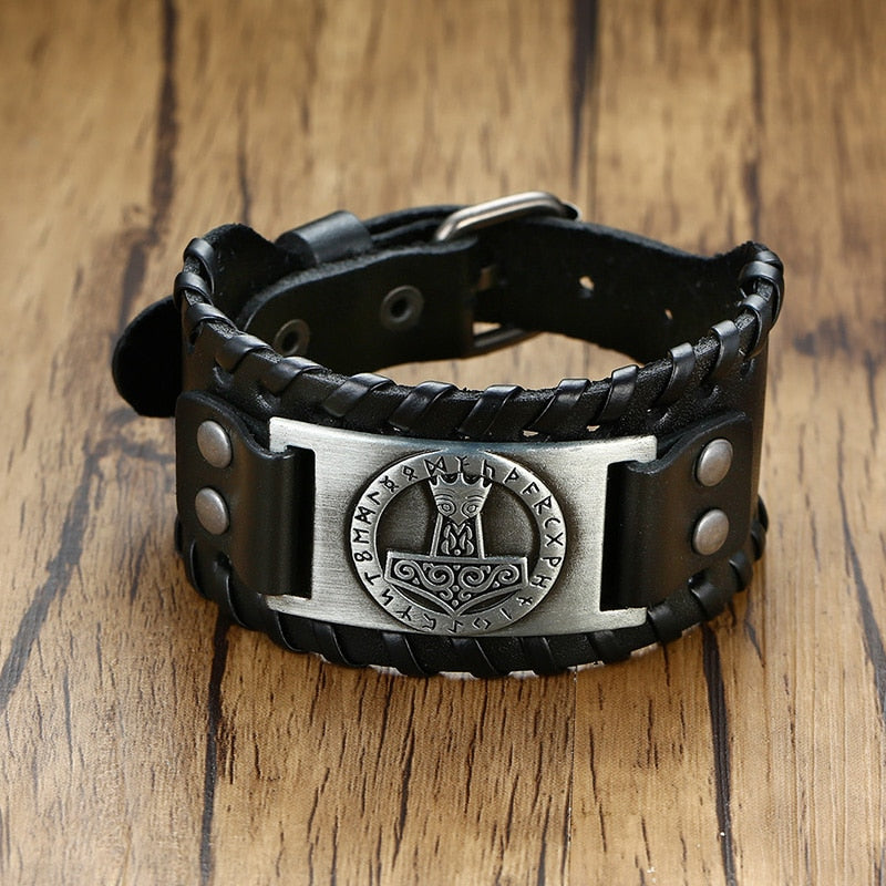26mm Wide Bracelets for Men Viking Icon Nordic Rune Hammer Wristband Black Brown Punk Rock Vintage Jewelry