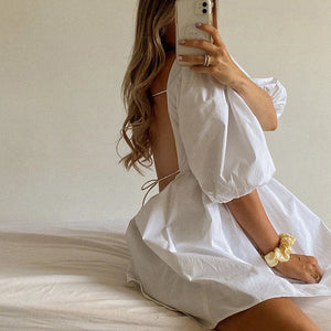 Women White Sexy Backless Lace Up Mini Dresses, Puff Sleeve Sweet Dress Summer Holiday Sundress Elegant Dress Clothes