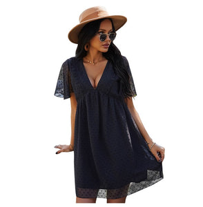 Spring Summer Sexy V Neck Solid Dress Women High Waist Jacquard Short Sleeve Dress Fashion Loose