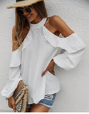 Spring New Sexy Halter Blouses Women Casual Ruffles Shirt Strapless Shirt Ladies All Match Solid Long Sleeve Tops 2022 New