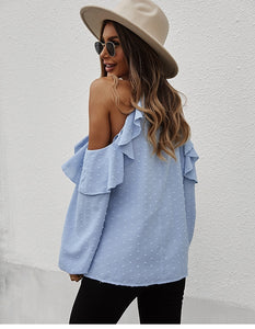 Spring New Sexy Halter Blouses Women Casual Ruffles Shirt Strapless Shirt Ladies All Match Solid Long Sleeve Tops 2022 New