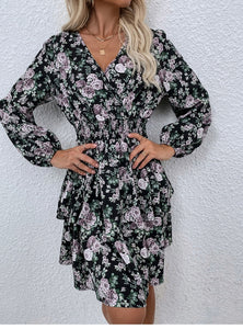 Women #39;s Spring Fall V Neck Long Sleeve Floral A Line Dress For Ladies Fashion Puff Sleeve Printed All Match Waist Dress