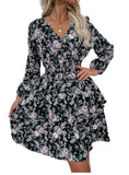 Women #39;s Spring Fall V Neck Long Sleeve Floral A Line Dress For Ladies Fashion Puff Sleeve Printed All Match Waist Dress