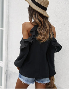 Spring New Sexy Halter Blouses Women Casual Ruffles Shirt Strapless Shirt Ladies All Match Solid Long Sleeve Tops 2022 New